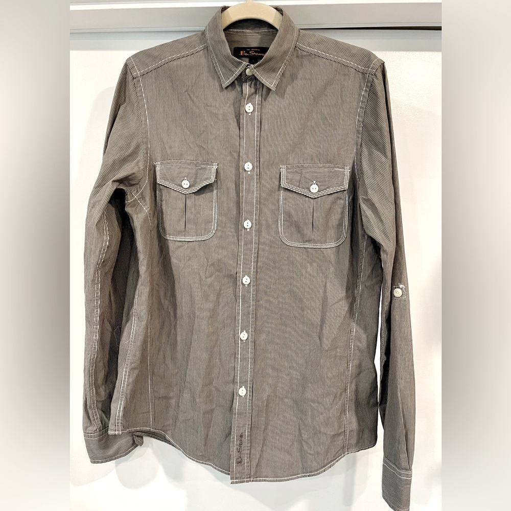 Ben Sherman grey&white micro-stripe shirt w/pockets and contrast stitch, Men S